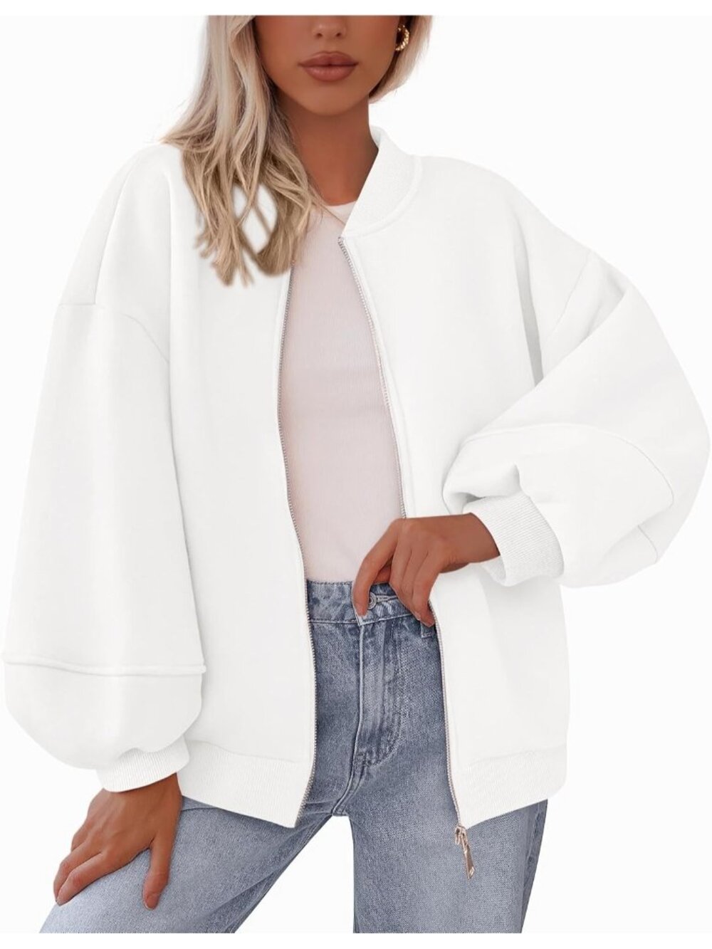 Women’s White Oversized ZIP Up Sweatshirt With Pockets Casual Bomber Jacket